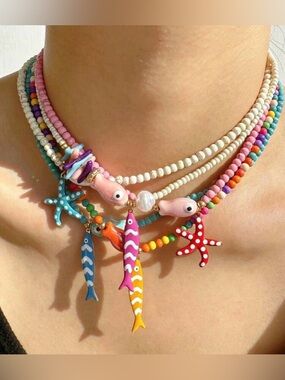 Pink Beaded Starfish Necklace A1891
